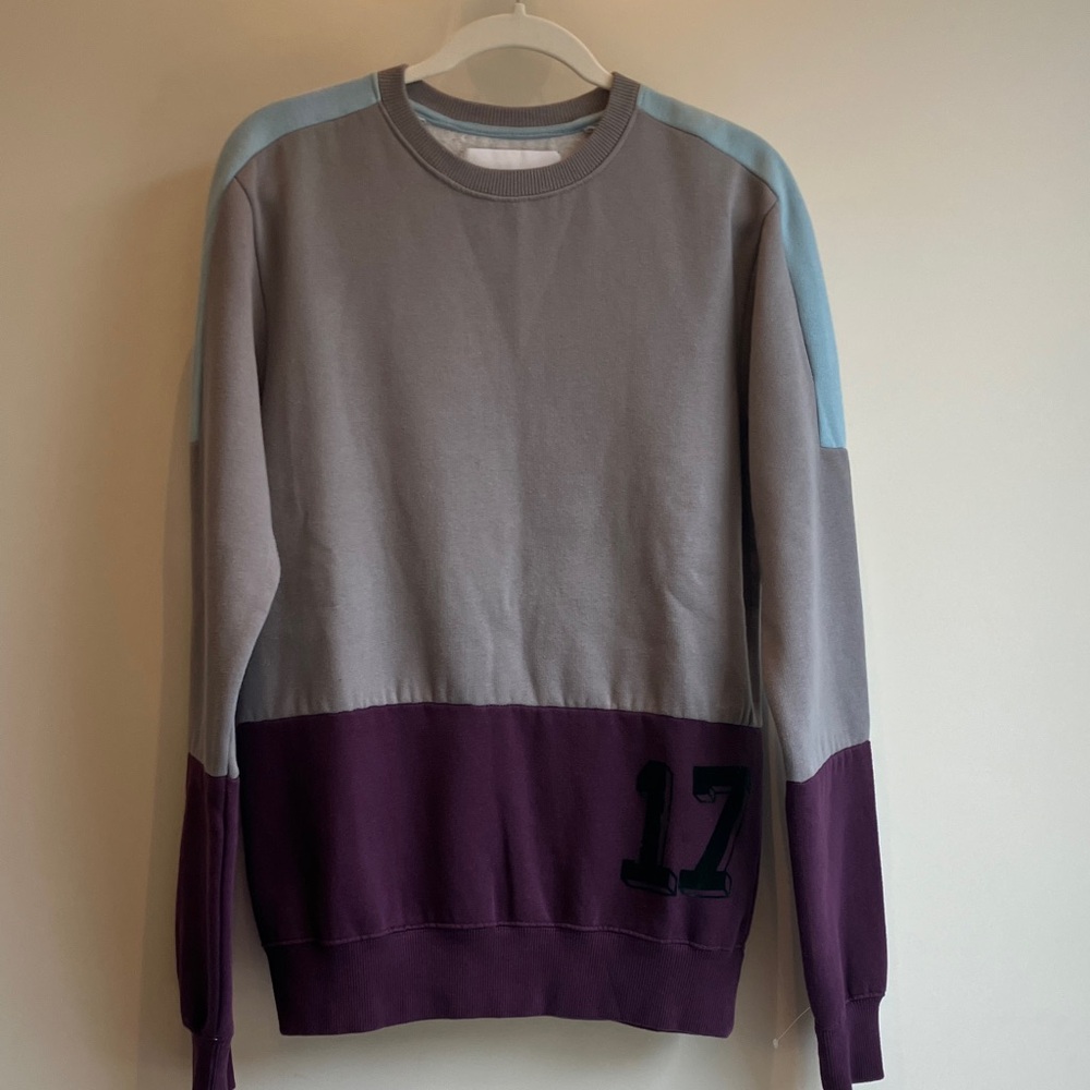 HAN KJØBENHAVN South Side Crewneck, Gray/Purple/Blue Color-block, Size S NWT